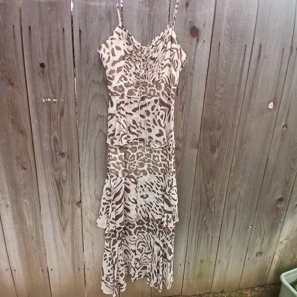 Hemant & Nandita Vintage Tiered Animal Print Maxi Dress M Side Zip V Tie Neck